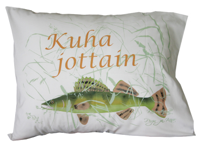 Käsinpainettu Kuha jottain-tyynyliina