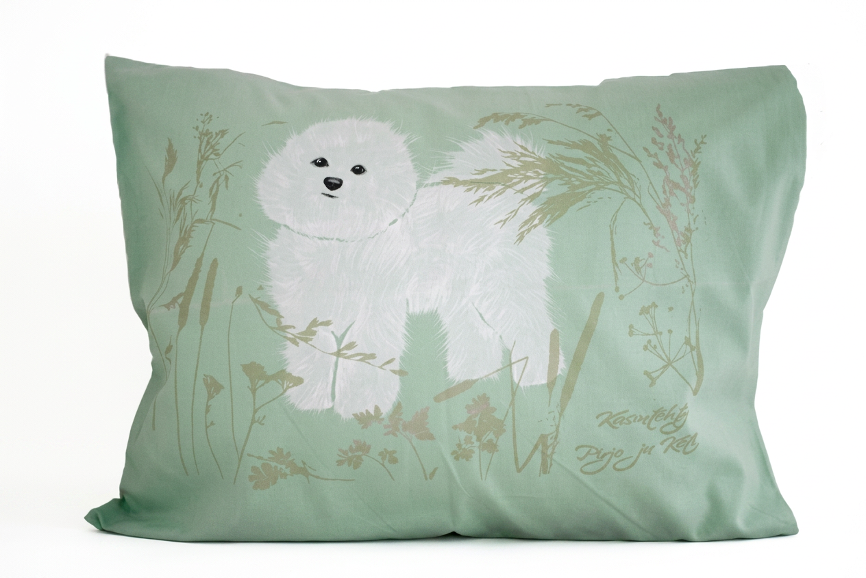 Käsinpainettu Bichon Frisé -tyynyliina