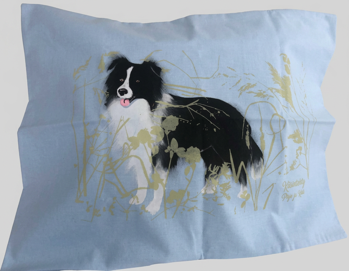 Käsinpainettu Bordercollie – sininen kangas -tyynyliina