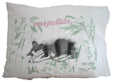 Käsinpainettu Pötkötellään-tyynyliina