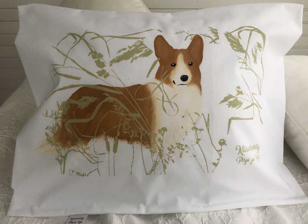 Käsinpainettu Welsh Corgi -tyynyliina