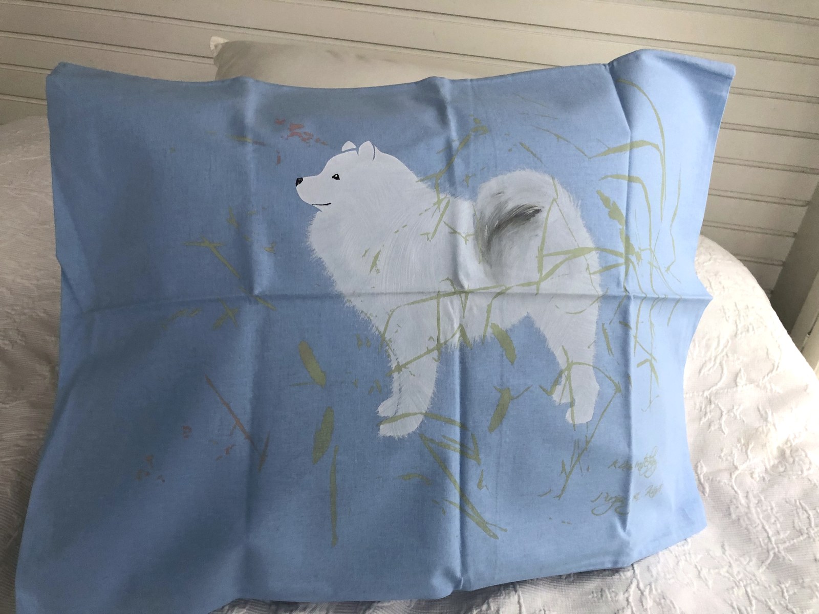 Käsinpainettu Samojedi – sininen kangas -tyynyliina