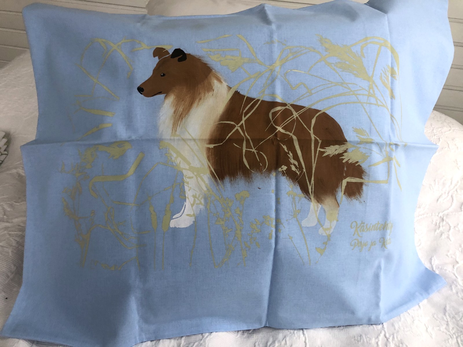 Käsinpainettu Shetlanninlammaskoira -tyynyliina
